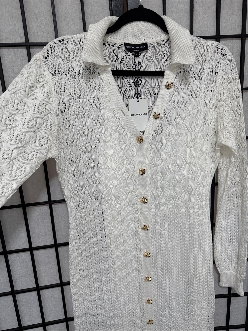 GENERATION LOVE Eleni Pointelle Knit Dress White L Gold Button Midi Cover Up - Picture 9 of 16
